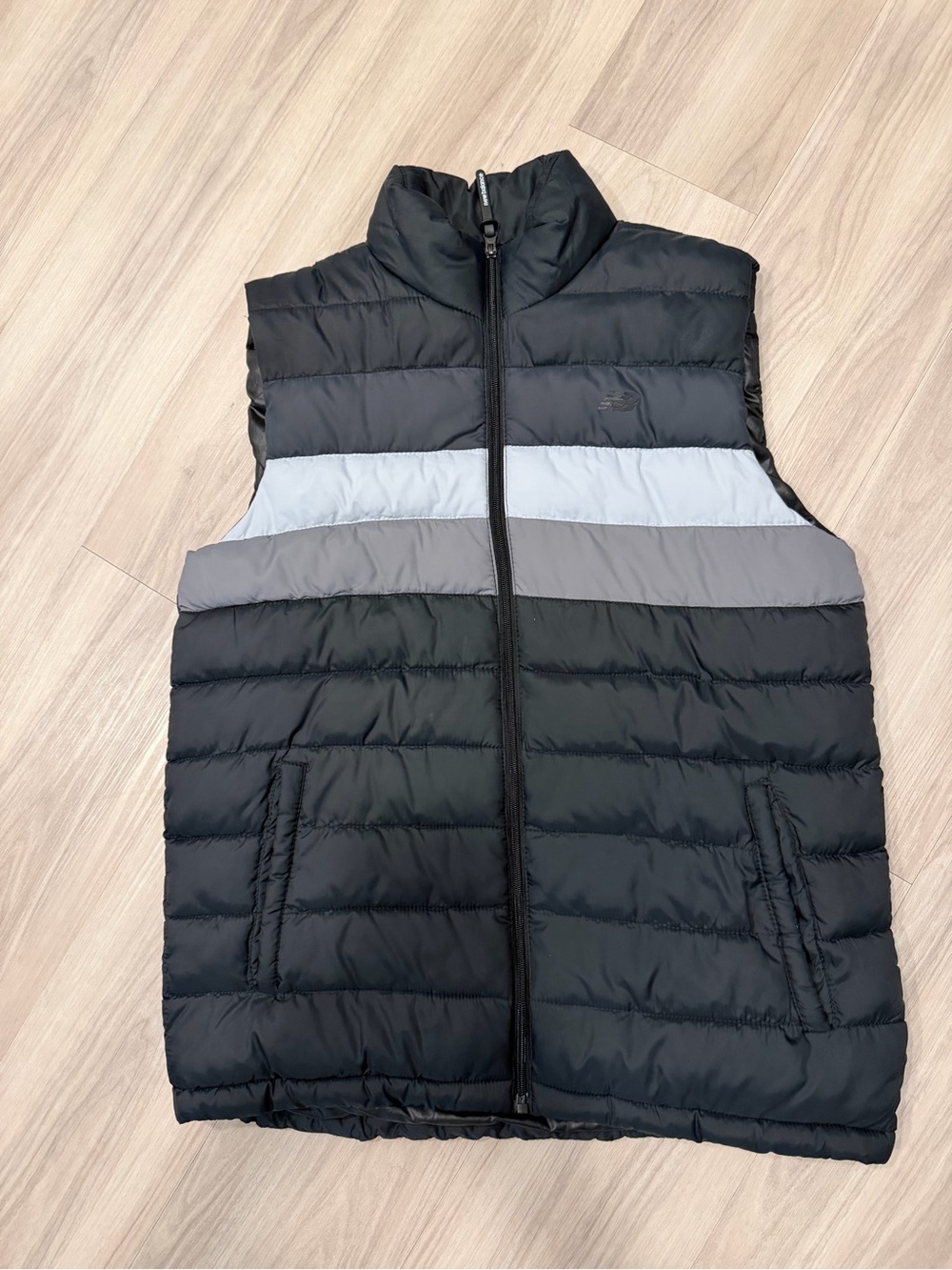 New Balance Black Puffer Vest with Gray and Light Gray Stripes